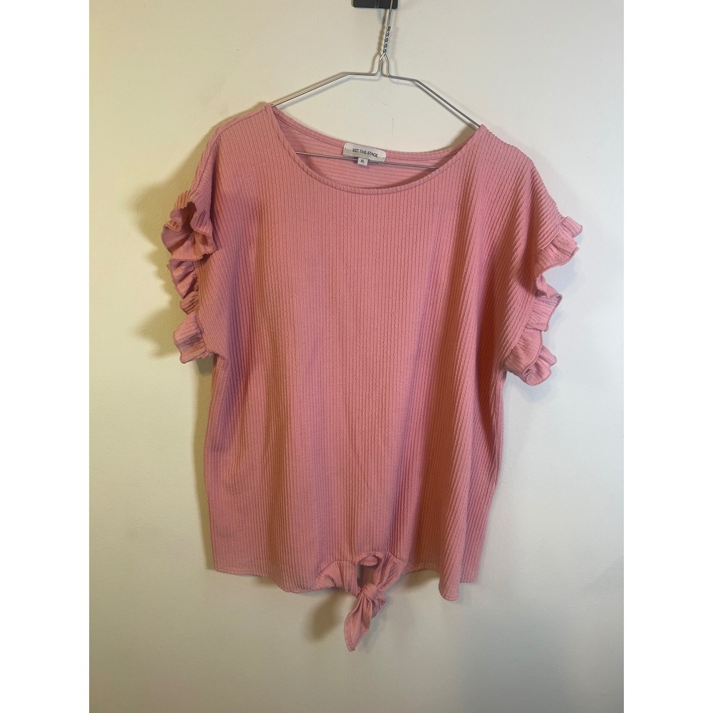 Set‎ The Stage Womens Top Ruffle Sleeve Tie Front Pink XL